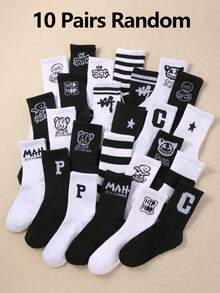 5/10双装儿童随机条纹、涂鸦、星形图案中筒袜，透气柔软运动袜，男女童通用，无缝 - 彩色 - 查看 11