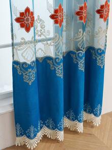 1 Peça Nova Cortina Transparente Bordada com Estilo Palaciano Europeu e Floral Perfurada, Decoração de Feriado - Azul - Visão 6