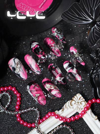 10pcs Long Almond Y2K Press On Nails,Metal Punk,Black Pink,White,Goth Style,Angel,Star,Cross,Butterfly, Nordic Full Coverage Fake Nails Press On Almond Shape Fake Nails ,Charming Darkness,Cool Gril Party,Music Festival, Acrylic Press On Nail Kit,For Women And Girls With 1pc Mini Nail File & 1 Sheet Adhesive Tabs,Suitable For Talent Parties, Dinners,Daily, Leisure, Vacation, Workplace, Holiday Wear,And Other Occasions,Reuseable Nail Art
