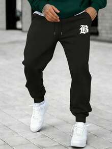 Men's Casual Sports Pants, Printed With Letter "B", Loose Fit, Suitable For Jogging, Home And Outdoor Activities. Also Can Be A Wedding Gift. Made Of 100% Polyester Fabric, With Drawstring Waistband For Adjustable Fit, Available In Multiple Colors. - Black - View 5