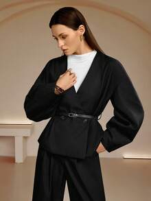 Cinto Feminino Estilo Oriente Médio Para Ocasiões Casuais De Negócios, Blazer Folgado E Moderno, Ideal Para O Ambiente De Trabalho, Encontros, Festas E Casamentos. - Preto - Ver 3