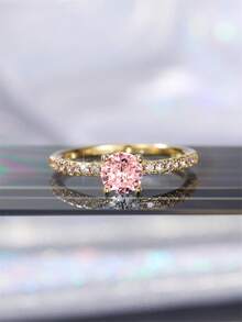 1枚优雅立方氧化锆戒指，女士情人节礼物，婚礼派对首饰 - 金黃色 - 查看 3