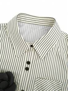 Women's Striped Button Down Shirt 3D Black Floral Applique Long Sleeve Blouse With Chest Pocket - Multicolor - View 3