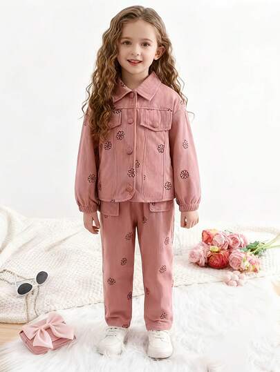 2pcs Girls Casual Chic Floral Print Faux Pocket Lapel Single-Breasted Jacket And Pants Set