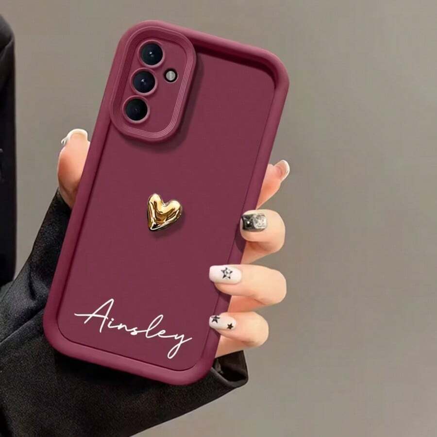 客製化 TPU 全包覆手機殼，可客製姓名與 3D 金色愛心設計，防震軟殼，適用 S25 S24 S23 S22 S21 S20 Ultra Plus A56 A55 A54 A53 A52 A35 A34，週年禮物