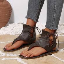 Women's Fashion Flat Thong Lace-Up Back Zipper Low Heel Roman Sandals - Brown - View 5