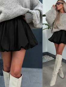 Solstice Apparel 大码泡泡褶高腰A字迷你裙，哑光黑色面料，适合通勤、日常穿着、约会、春夏、情人节等场合。 - 黑色 - 查看 1