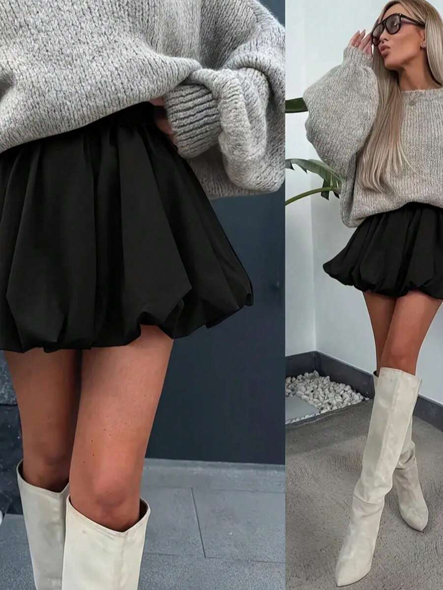 Solstice Apparel 大码泡泡褶高腰A字迷你裙，哑光黑色面料，适合通勤、日常穿着、约会、春夏、情人节等场合。 - 黑色 - 查看 1