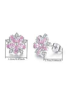 1pair Glamorous Cubic Zirconia Flower Stud Earrings For Women For Gift Valentines - Pink - View 4