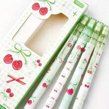 4pcs Fine Writing Tools, Matcha Cherry Pattern Push-Button Mechanical Pencil, 0.5mm Exam & Practice Pen With Eraser For School Stationery, Study Tools, Writing Essentials, Cherry Design, Aesthetic Writing Tool, Durable Construction, Plastic Pencil, Retractable Pencil, Automatic Pencil, Exam Takers, Writers - Multicolor - View 3