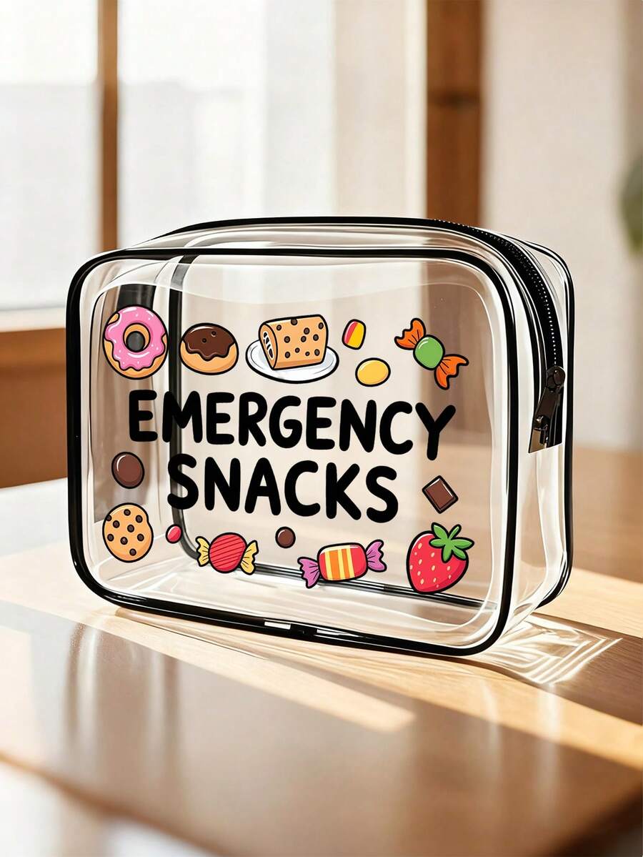 「Emergency Snacks」字母印花 PVC 洗漱收納包，拉鍊開合，輕量耐褪色化妝盥洗包，適合女性與女孩，TSA 認可便攜式化妝包，易擦拭清潔，可作為母親、老師、朋友、護理師或女性好友的化妝包禮物，開學假期與返校旅行必備，防水洗漱包 - 彩色 - 查看 1
