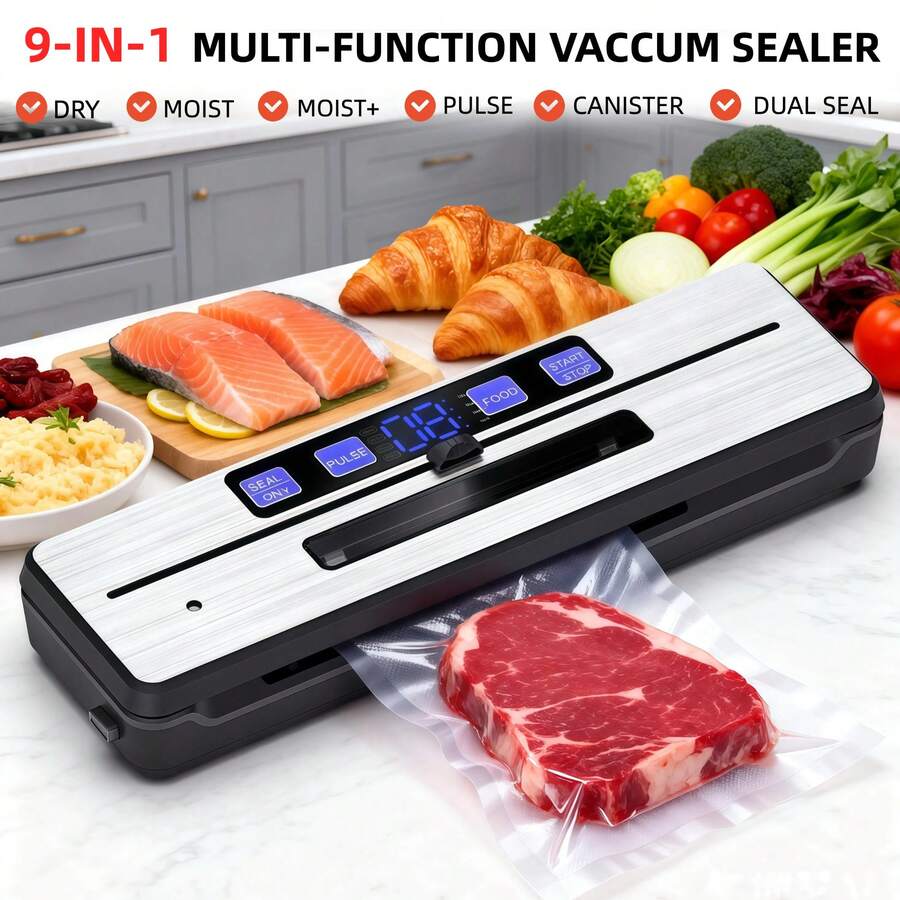 Vacuum Sealer, 9-In-1 Automatic Food Sealer Kit With Double Heat Seal For Dry Moist Food Storage, Stainless Steel Compact Design, Built-In Cutter, Removable Drip Tray, Sellador De Bolsas,Bag Sealer, Kitchen Items
