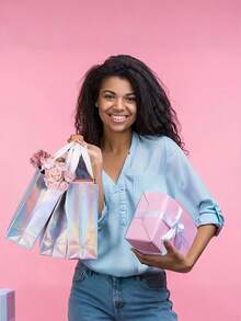 8pcs Holographic Reusable Non-Woven Gift Bags, White Handles, Sturdy Base - Foldable, Suitable For Birthday, Wedding, Easter And Holiday Celebrations, Gift Packaging | Shiny Gift Bags | Non-Woven, Small Gift Bags - Multicolor - View 5