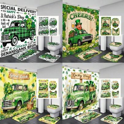 1件/4件套圣帕特里克节“好运”卡车浴帘套装，“幸运日”硬币卡车浴帘地毯套装，带挂钩的浴室隔断浴帘，防滑浴室地垫，U型马桶垫，马桶座套，节日派对装饰，圣帕特里克节浴室装饰