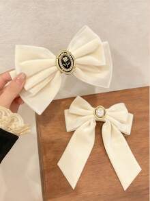 2个超大米色蝴蝶结发夹，女士蝴蝶结发卡，大号蝴蝶结发圈，发饰礼品，圣诞装饰，爪夹，头部饰品，发卡 - 米色 - 查看 2