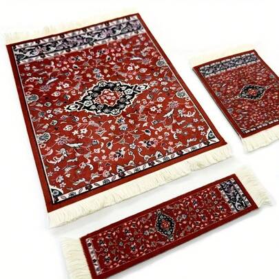 3pcs/Set Matching Rug Style Mouse Pad, Non-Slip Miniature Carpet Coaster And Bookmark