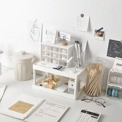 1pc Minimalist Dorm Desk Stationery Organizer Rack, Double-Layer Storage Shelf For Office, Kitchen, Bathroom, Ins Style Organizer Rack For Daily Items