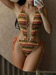 女士菱形格纹条纹镂空圆圈休闲优雅露背系带连衣裙，适合音乐会和海滩度假等场合。 - 彩色 - 查看 2