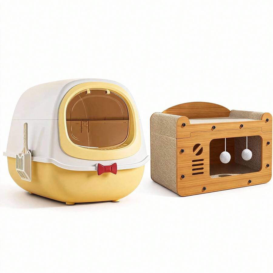Multi-Function Cat Scratcher House – 3-In-1 Scratch Pad, Soft Bed & Play Cave With Toys, Durable Build & Ideal Holiday Gift - MD-tV+QE-yELLOW - View 1