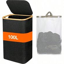 Cesto Para la Ropa con Tapa 100L Cesto Ropa Sucia con 1 Bolsa Extraible Cesto de Almacenamiento de Ropa para Lavar Y Guardar Ropa Adecuado para Baños Salas de Estar Dormitorios Lavaderos 1 PCS - Negro+1 PCS - Ver 1