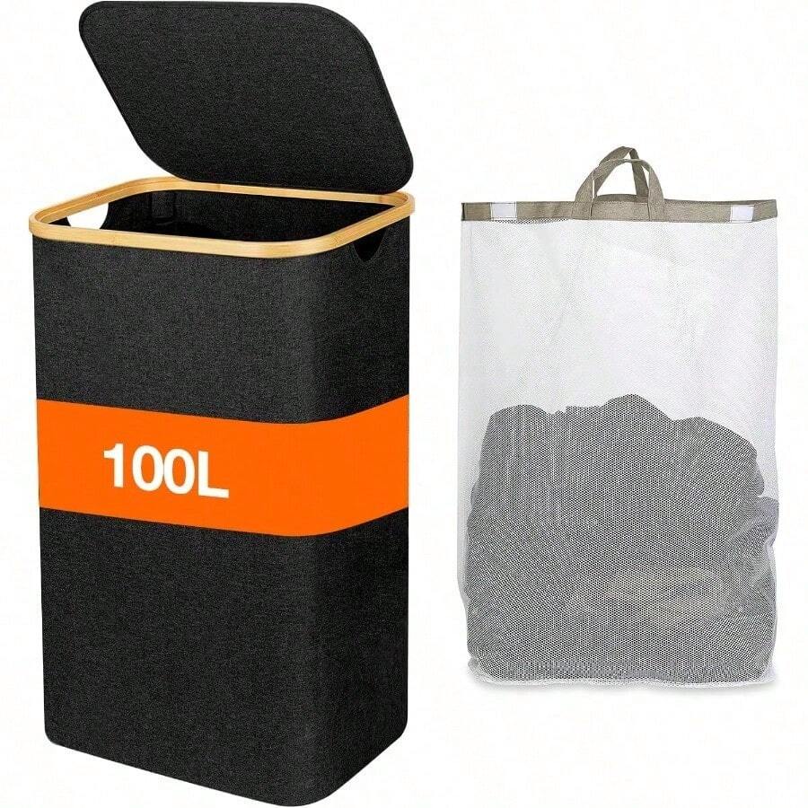 Cesto Para la Ropa con Tapa 100L Cesto Ropa Sucia con 1 Bolsa Extraible Cesto de Almacenamiento de Ropa para Lavar Y Guardar Ropa Adecuado para Baños Salas de Estar Dormitorios Lavaderos 1 PCS - Negro+1 PCS - Ver 1