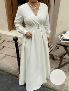 Plus Size Women's White Maxi Dress, Deep V-Neck Design Long Sleeve Solid Color Fitted Style, Elegant Plus Size Maxi Dress With Waist Belt, Cinched Waist, Back Zipper Design For Easy On/Off, Casual & Commuter Style - White - View 1