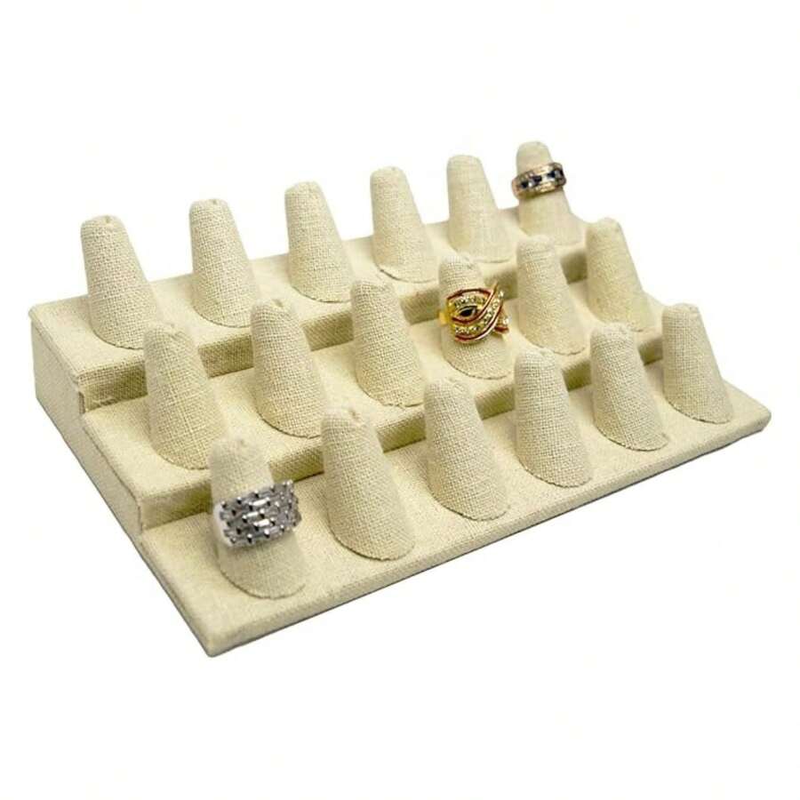 Box Beige Linen Jewelry 18 Rings Finger Display8.25x4.75x2.5 Inches With Square Base - Ring Holder Organizerfor Selling Or Personal Use - Display Stands For Rings - Multicolor 777 - View 1