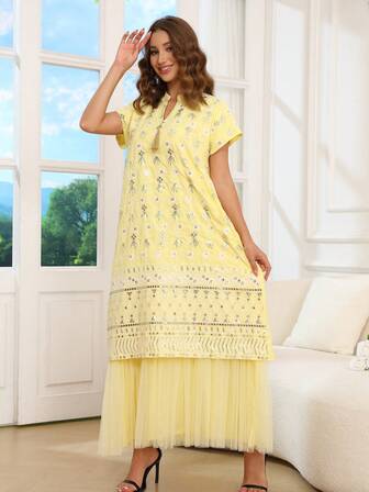 Embellished Colorful Arabic Style Elegant Long Sleeve V-Neck Sequin Retro Embroidered Tassel Maxi Dress, Luxury Graceful Dignified Retro Embroidery Design Kaftan, Latest Design New Year Robe