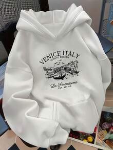 1 Pcs D92 - Loose Hoodie, Fashion  Italian Architecture Rowing Letter Pattern Printed Hoodie, Spring And Autumn, Women's Wear L14970180g 100% Cotton - 深紅色-A - 查看 8