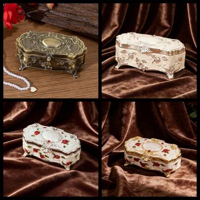 1pc Art Zino Studio Zinc Alloy Cotton Swab Holder: Available In 4 Colors - Antique Copper, Silver White, Silver White With Red Flowers, Gold White With Red Flowers. Oval Shape With Rose Engraving And Exquisite Patterns, Luxurious Retro Style. Can Store Cotton Swabs, Suitable For Romantic Occasions Like Birthdays, Valentine's Day, And A Practical Desktop Storage Item For All Seasons.