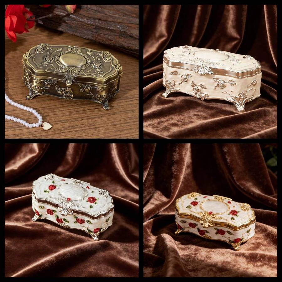 1pc Art Zino Studio Zinc Alloy Cotton Swab Holder: Available In 4 Colors - Antique Copper, Silver White, Silver White With Red Flowers, Gold White With Red Flowers. Oval Shape With Rose Engraving And Exquisite Patterns, Luxurious Retro Style. Can Store Cotton Swabs, Suitable For Romantic Occasions Like Birthdays, Valentine's Day, And A Practical Desktop Storage Item For All Seasons.