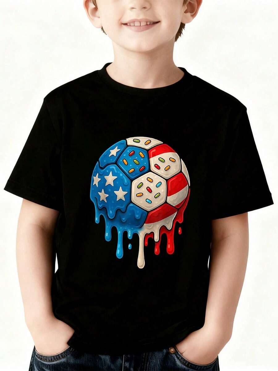 Boy Soccer Ball Usa Flag Drip Design Black T Shirt - 黑色 - 查看 1