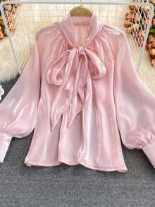 Satin Bowknot Tie Cuff Long Sleeve Blouse, Niche Luxury Elegant Women's Clothing, Shimmering Pink Top - Baby Pink - View 3