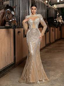 优雅串珠伴娘礼服亮片婚礼宾客礼服，适合晚宴、盛会、生日派对、正式场合，纯色女士长袖拉链长裙网纱拼接美人鱼长裙，春季款 - 香檳色 - 查看 4