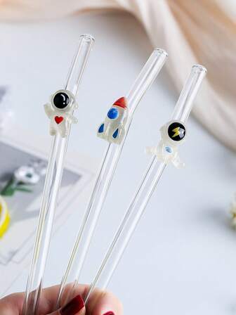 1/2PCS Space Voyage Glass Straw - Astronaut Design Bent Straw With Cleaning Brush For Boba Tea, Coffee & Cocktails. Creates Cosmic Atmosphere For Space-Themed Parties. Perfect Gift For Sci-Fi Enthusiasts. Essential For Themed Bars And Outdoor Adventures.