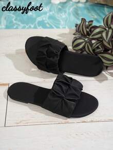Wide Fit Women's Fashion Square Toe Pleated Flat Sandals, Summer Holiday Style PU Black Slide Sandals - Black - View 6