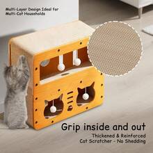 Cute 3-In-1 Cat House – Scratcher, Bed & Play Tunnel With Hanging Pom Balls, Durable Structure For Up To 20 Lbs & Ideal Christmas Gift - MD-cAT2+QE-yELLOW - View 11