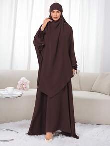 مجموعة حجاب + عباية مسلمة 2 قطعة، قماش نيدا أحادي اللون، لطيف على البشرة وقابل للتنفس، خمار طويل مزدوج الطبقة، مناسب للنساء المسلمات للارتداء اليومي والصلاة، جميع الفصول