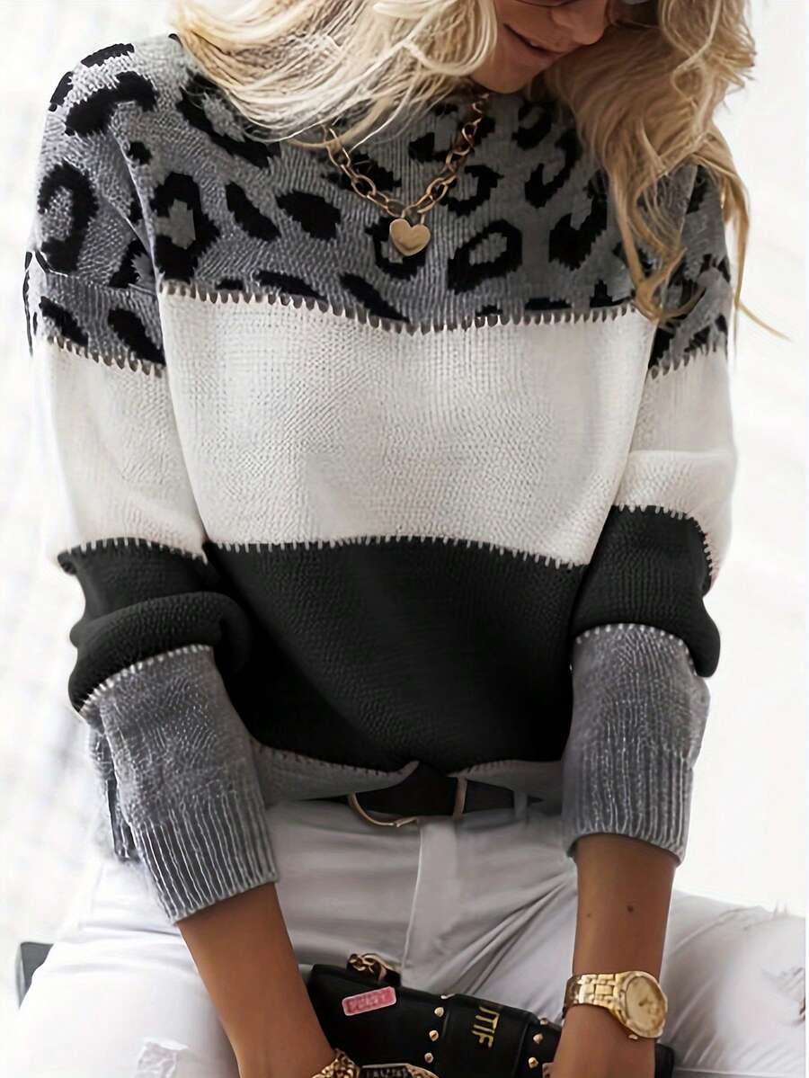 Women's Oversized Cute Colorblock Leopard Print Sweater, Casual Comfortable Ribbed Knit Crew Neck Long Sleeve Pullover Top