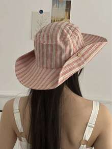 1pc Contrast Color Patch Drawstring Wide Brim Bucket Hat, Spring/Summer Sun Protection, Travel UV-Resistant