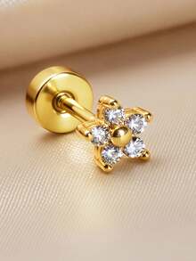 1 pieza Pendientes de botón con flor de circonita chapados en oro de 18K de 20G, material de acero inoxidable, adecuado para múltiples perforaciones de oreja, delicado y preciso, adecuado para mujeres y niñas, para uso diario - Un par de pendientes redondos de circonita con forma de flor - Ver 19