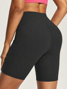 Plus Size Women High Waist Yoga Shorts With Pockets, Butt Lifting Workout Running Fitness Shorts - Black - View 4