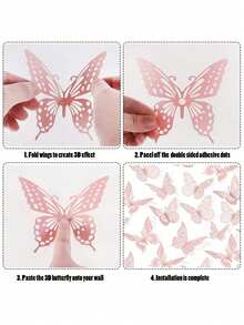 48片3D粉色蝴蝶墙贴，蝴蝶生日装饰，蝴蝶派对装饰，蛋糕装饰，客厅装饰，家居装饰，情人节装饰，婚礼季装饰，节日装饰，可移除贴纸（粉色）。DIY蝴蝶装饰。情人节。配件。 - 粉色 - 查看 4