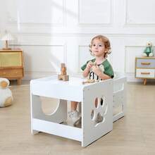 Kids Weaning Table And Chair Set, 3-Level Height Adjustable Chair & Activity Table With Fence, Step Stool, Natural Solid Wood Toddler Furniture For Mealtime Eating, Playing & Learning, Drawing - White - View 8