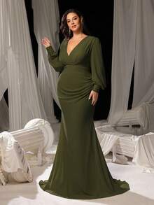 Faeriesty Robe de soirée sirène à manches lanternes et col en V élégante pour femmes grandes tailles. Accentue la silhouette gracieuse. Convient pour les mariages, galas de gala, cérémonies de remise de prix, soirées d'opéra et événements de charité Top de gamme. Fête - Militaire verte - Voir 6
