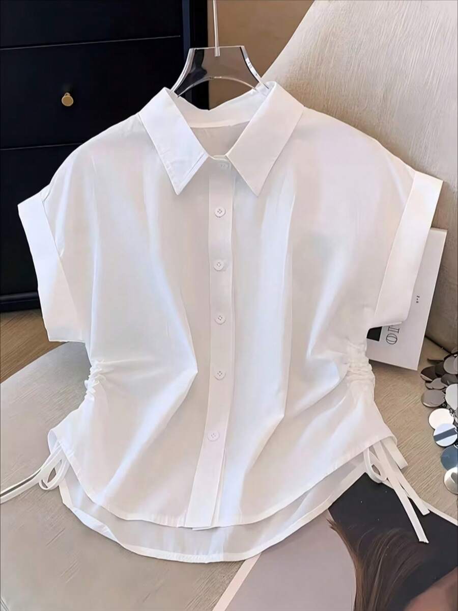 女士白色短袖 Polo 衫，带抽绳，常规版型，涤纶面料 - 白色 - 查看 1