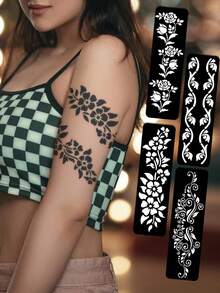 Hana手绘镂空纹身模板 极简主义 Hana新娘优雅蕾丝曼陀罗花卉图案贴纸 适用于手部、脚部、肩部、颈部、锁骨 半永久性假纹身贴纸 1包