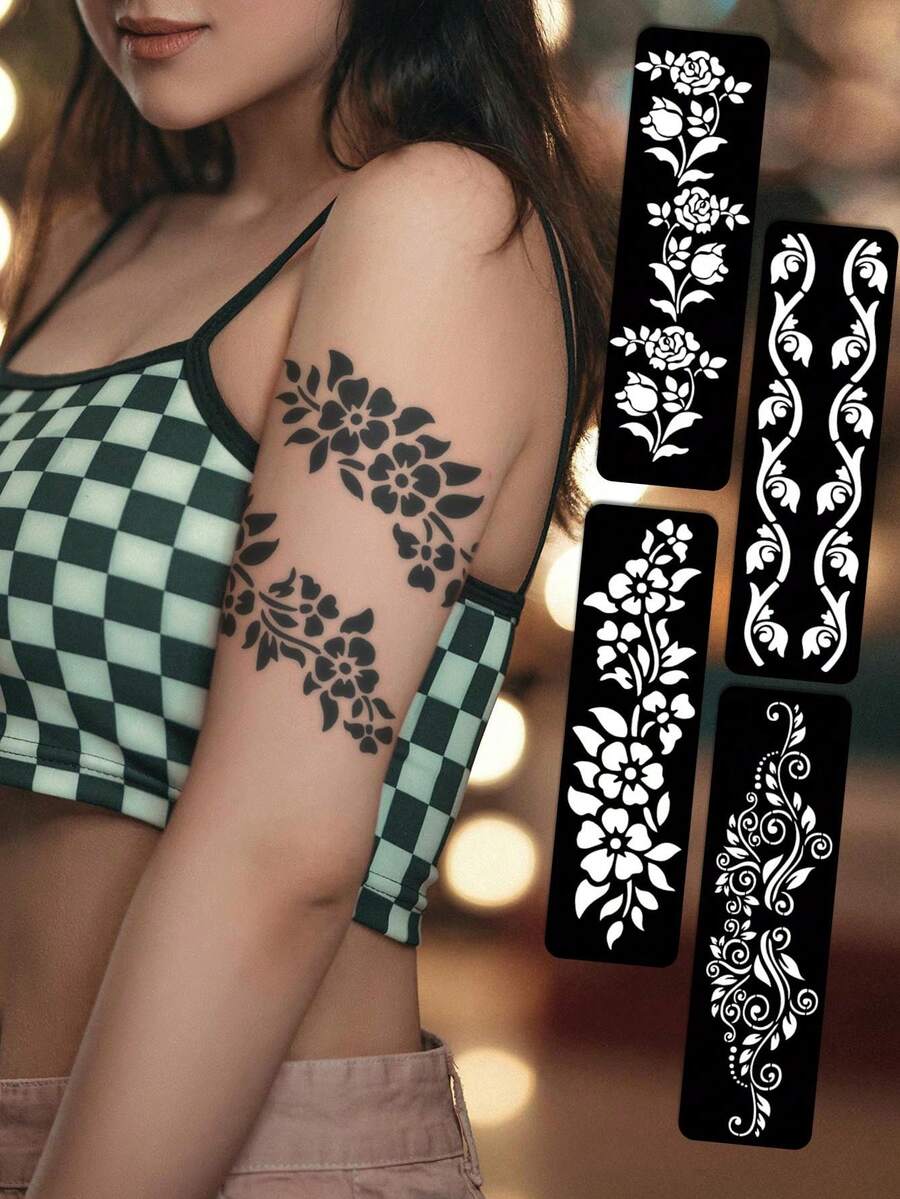 Hana手绘镂空纹身模板 极简主义 Hana新娘优雅蕾丝曼陀罗花卉图案贴纸 适用于手部、脚部、肩部、颈部、锁骨 半永久性假纹身贴纸 1包