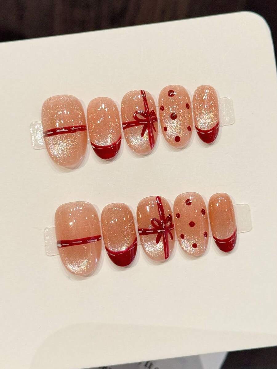 10 piezas de uñas ovaladas hechas a mano, uñas acrílicas para pegar, uñas cortas, uñas rosas minimalistas, uñas de ojo de gato brillantes, uñas con puntas francesas rojas, uñas con lunares de cinta de seda roja pintada a mano, regalo de Año Nuevo, uñas elegantes y sencillas de otoño, uñas postizas de otoño, uñas postizas de invierno, uñas de fiesta, estética minimalista, adecuadas para uso diario y de citas, playa y escapada tropical, adecuadas como suministros de arte de uñas DIY para mujeres y niñas como regalo - Multicolor - Ver 1