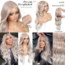 Ml Ash Blonde Wear And Go Glueless Wig With Bangs Synthetic Lace Front Wigs For Women Body Wave Pre Plucked Pre Cut HD Lace Glueless Ombre Wig Middle Part 26Inch10101 - 灰金色 - 查看 1